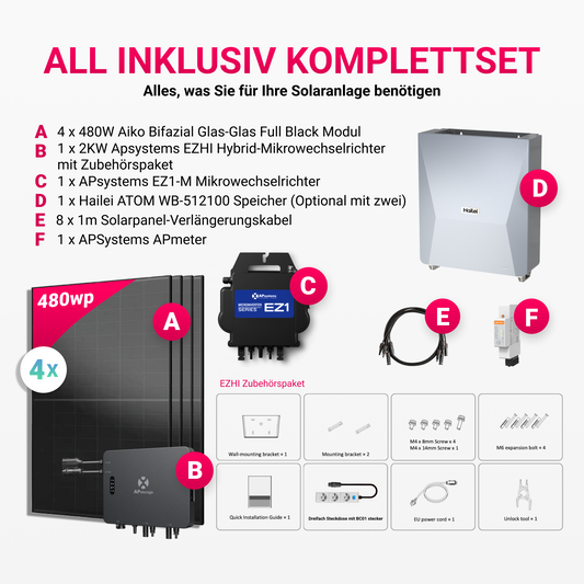 APsystems EZHI + EZ1M Set: Insel- & Hybrid-System + 5 kWh / 10 kWh Speicher + 1920W (4×480W) Aiko Bifacial Glas Full Black Modulen + AC Leistung 2800W