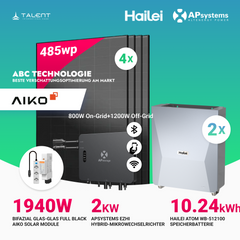APsystems EZHI Balkonkraftwerk – Insel- & Hybrid-System mit 5kWh / 10kwh Speicher +  1940W (4×485W) Aiko Bifacial Glas Full Black Modul, AC2000W