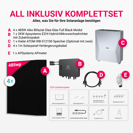 APsystems EZHI Balkonkraftwerk – Insel- & Hybrid-System mit 5kWh / 10kwh Speicher +  1940W (4×485W) Aiko Bifacial Glas Full Black Modul, AC2000W