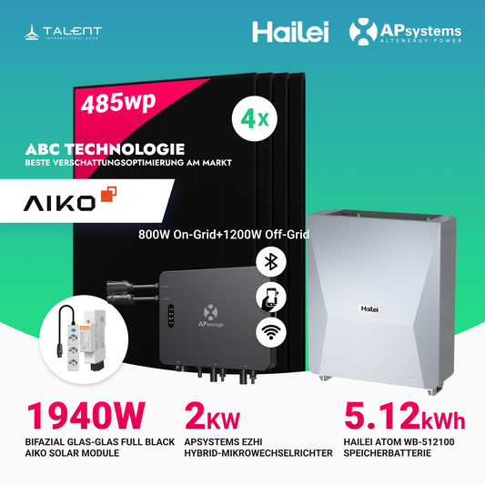 APsystems EZHI Balkonkraftwerk – Insel- & Hybrid-System mit 5kWh / 10kwh Speicher +  1940W (4×485W) Aiko Bifacial Glas Full Black Modul, AC2000W