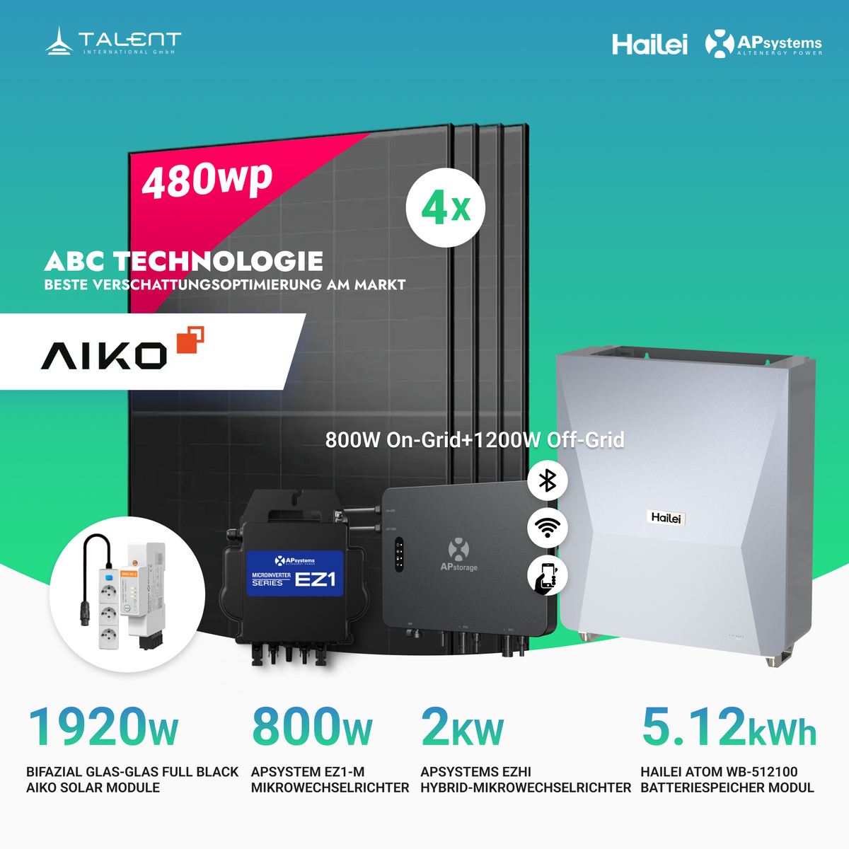 APsystems EZHI + EZ1M Set: Insel- & Hybrid-System + 5 kWh / 10 kWh Speicher + 1920W (4×480W) Aiko Bifacial Glas Full Black Modulen + AC Leistung 2800W