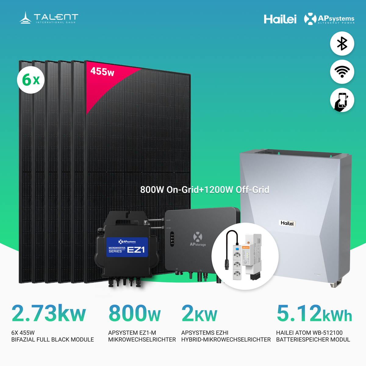 APsystems EZHI + EZ1M Set: Insel- & Hybrid-System + 5 kWh / 10 kWh Speicher + 2730W (6 × 455W) Bifacial Glas-Glas Full Black PV Modul + AC Leistung 2800W