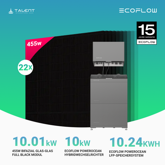 PV Komplettset 10.01 kWp - 22 × 455W Full Black & EcoFlow PowerOcean 10kW Hybrid Wechselrichter mit 10.24kWh LFP-Speichersystem (inkl. BMS)