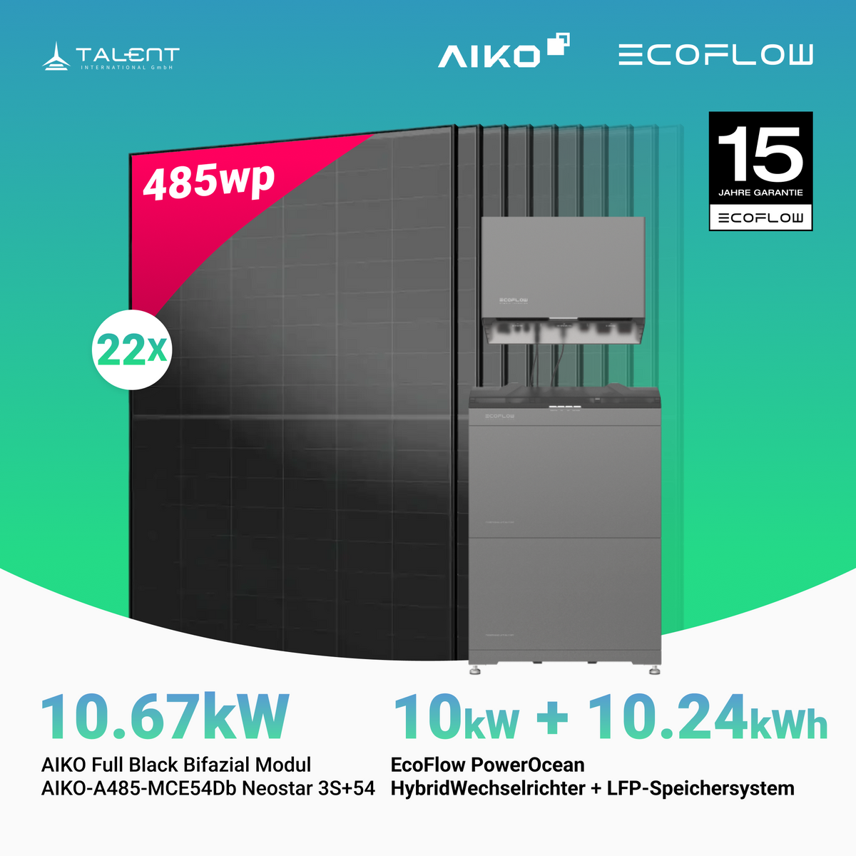 PV Komplettset 10.67 kWp - 22 × 485W Aiko Full Black & EcoFlow PowerOcean 10kW Hybrid Wechselrichter mit 10.24kWh LFP-Speichersystem (inkl. BMS)