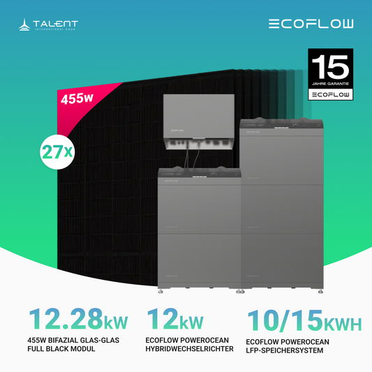 PV Komplettset 12.28 kWp - 27 × 455W Full Black & EcoFlow PowerOcean 12kW Hybrid Wechselrichter mit 10.24 / 15.36 kWh LFP-Speichersystem (inkl. BMS)
