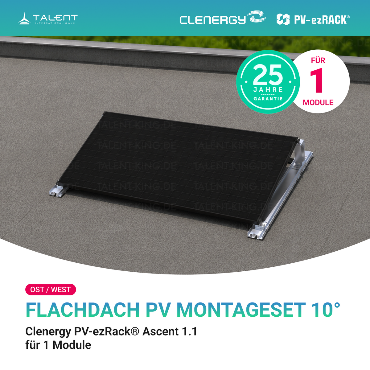 Clenergy PVezRack® Ascent 1.1: Flachdach Ost/West PV Montageset für 1 Module ( neue ver. 2026 )