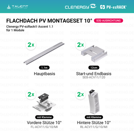 Clenergy PVezRack® Ascent 1.1: Flachdach in Süd-Ausrichtung PV Montageset für 1 Module ( neue ver. 2026 )