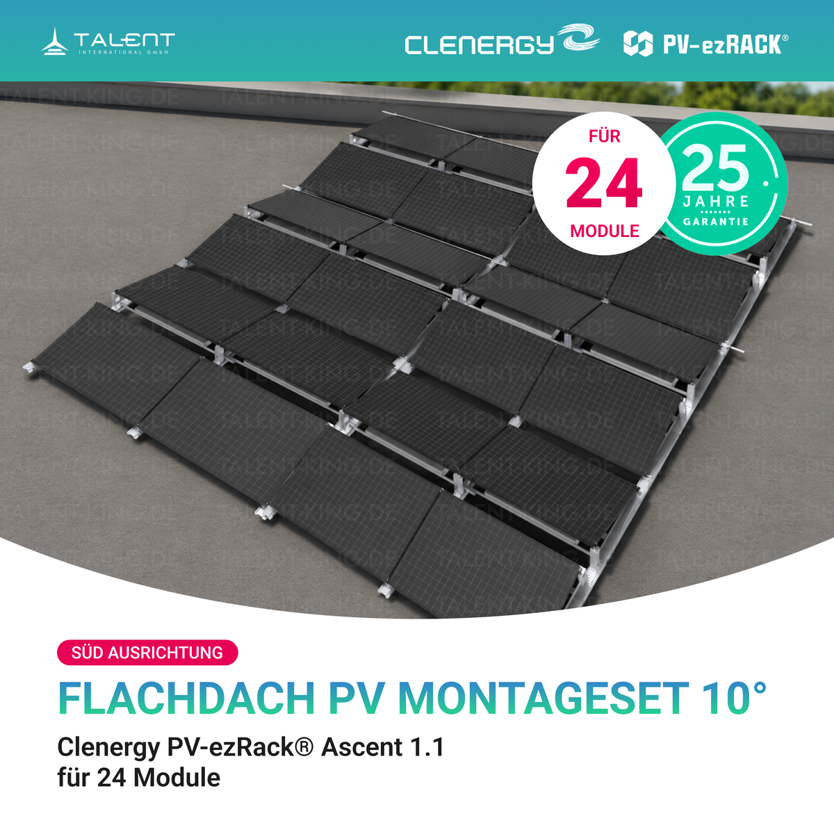 Clenergy PVezRack® Ascent 1.1: Flachdach in Süd-Ausrichtung PV Montageset für 24 Module ( neue ver. 2026 )