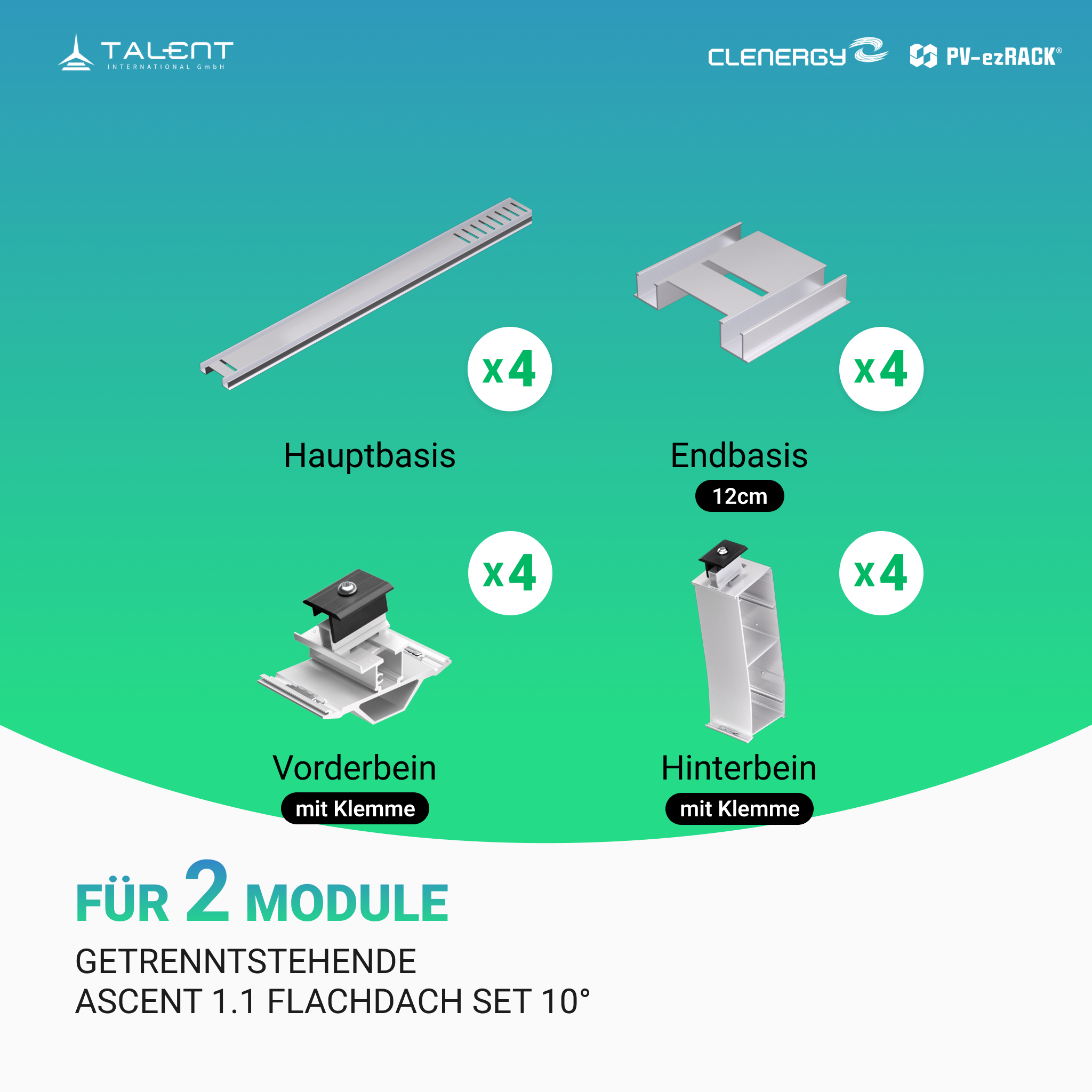 Clenergy PV-ezRack SolarRoof Pro 2.0 Unterkonstruktion Flachdach Set für 2 getrenntstehende Module