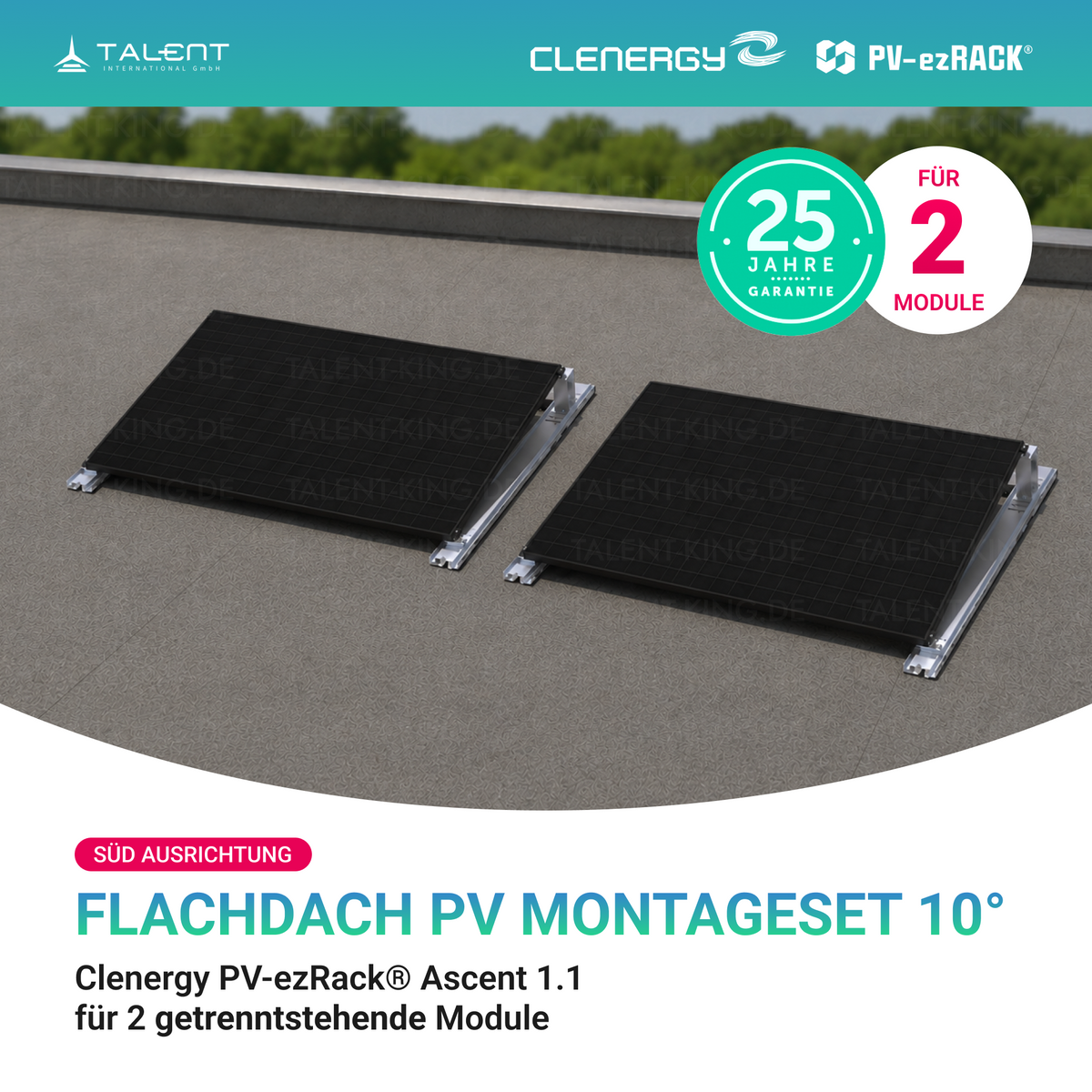 Clenergy PVezRack® Ascent 1.1: Flachdach in Süd-Ausrichtung PV Montageset für 2 getrenntstehende Module ( neue ver. 2026 )