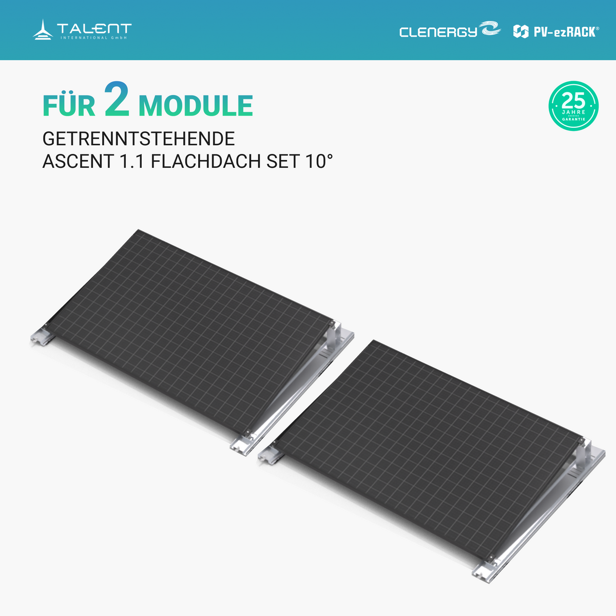 Clenergy PV-ezRack SolarRoof Pro 2.0 Unterkonstruktion Flachdach Set für 2 getrenntstehende Module