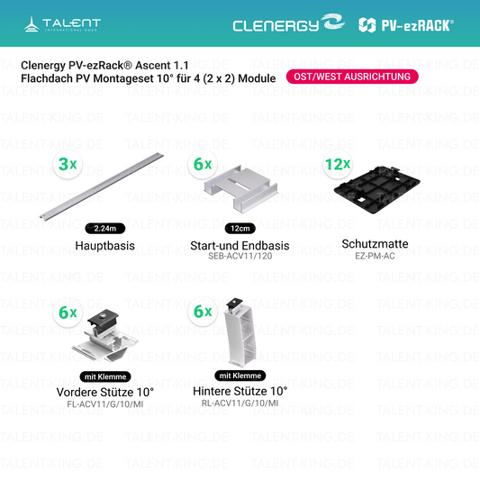 Clenergy PVezRack® Ascent 1.1: Flachdach in Ost/West-Ausrichtung PV Montageset fü 4 (2 x 2) Module ( neue ver. 2026 )