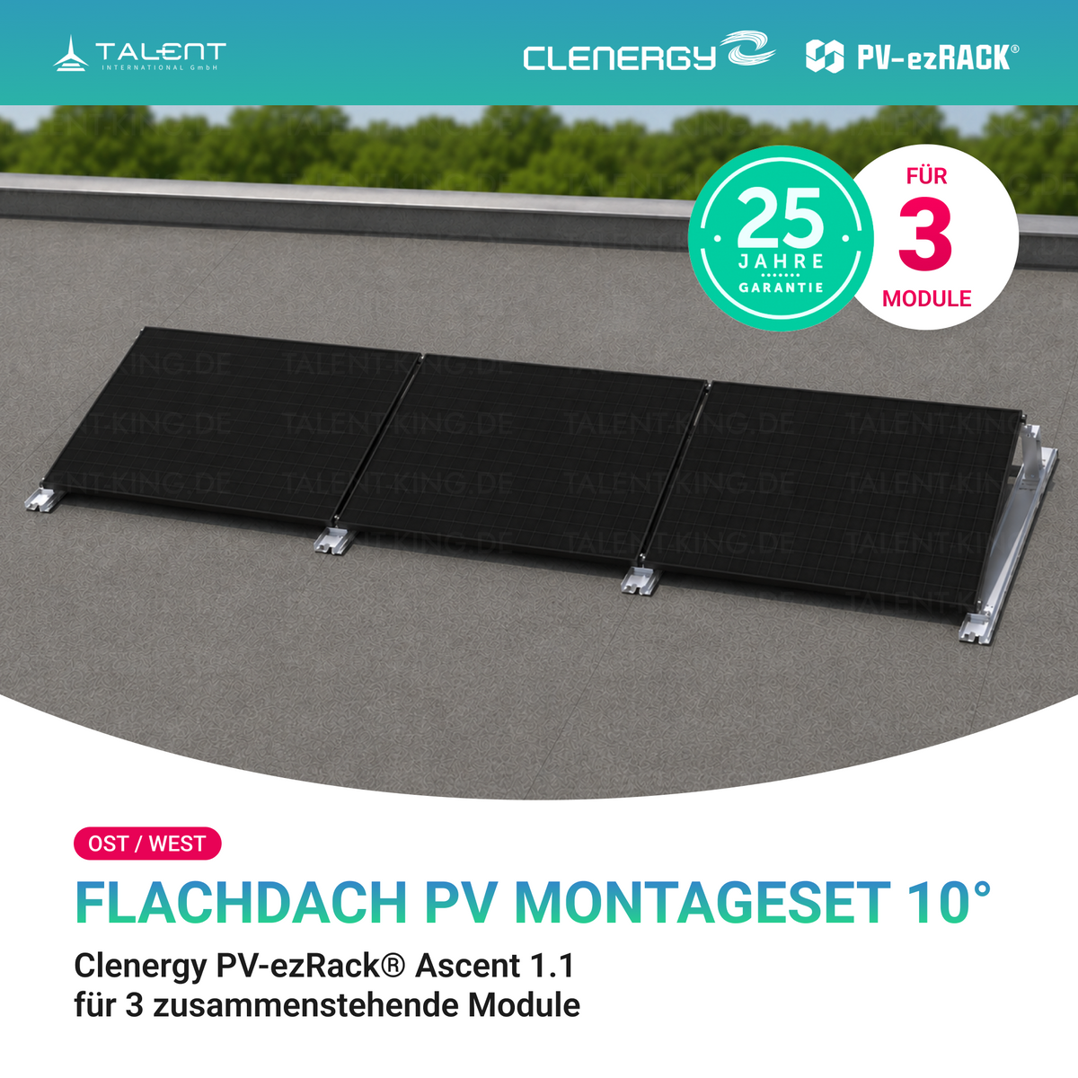 Clenergy PVezRack® Ascent 1.1: Flachdach Ost/West PV Montageset für 3 zusammenstehende Module ( neue ver. 2026 )