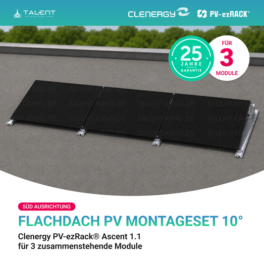 Clenergy PVezRack® Ascent 1.1: Flachdach in Süd-Ausrichtung PV Montageset für 3 zusammenstehende Module ( neue ver. 2026 )