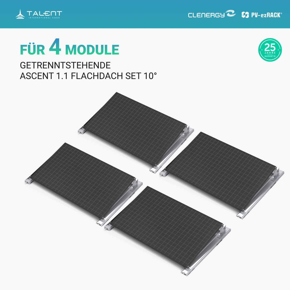 Clenergy PV-ezRack SolarRoof Pro 2.0 Unterkonstruktion Flachdach Set für 4 getrenntstehende Module