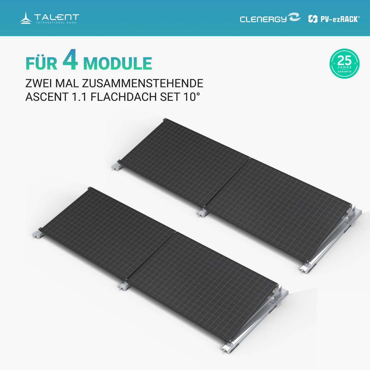 Clenergy PV-ezRack SolarRoof Pro 2.0 Unterkonstruktion Flachdach Set für 2 x 2 zusammenstehende Module