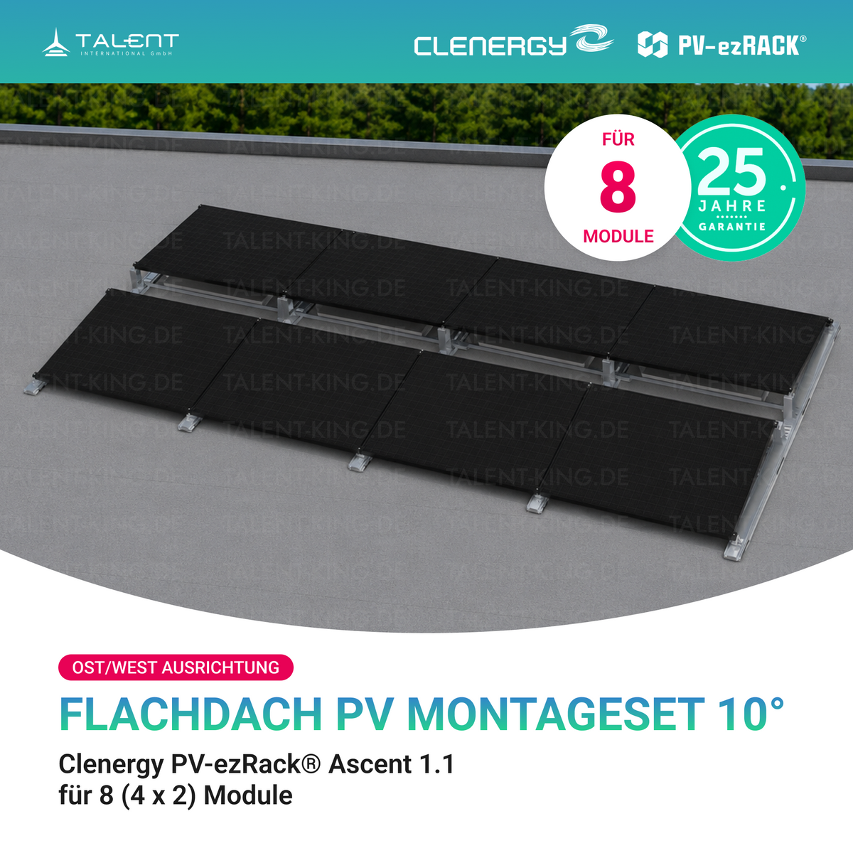 Clenergy PVezRack® Ascent 1.1: Flachdach in Ost/West-Ausrichtung PV Montageset fü 8 (4 x 2) Module ( neue ver. 2026 )