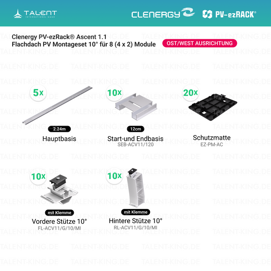 Clenergy PVezRack® Ascent 1.1: Flachdach in Ost/West-Ausrichtung PV Montageset fü 8 (4 x 2) Module ( neue ver. 2026 )