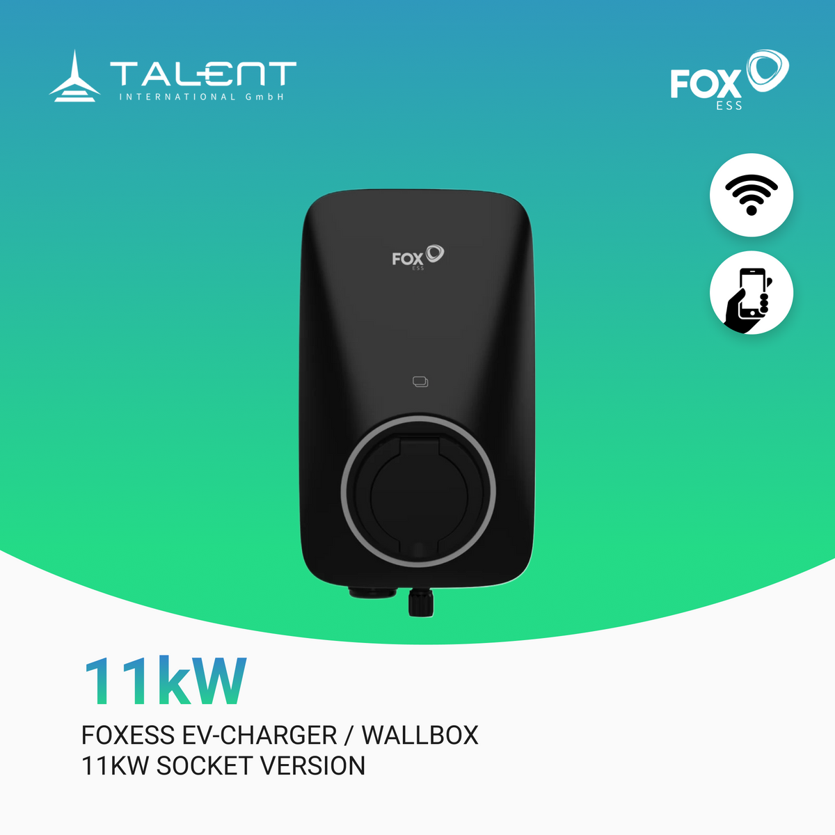 FOX ESS Wallbox 11kW EV Charger 3-phasig (WIFI) mit Kabel Typ-2-Steckdose A011KP1-E-B-WO / A011SP1-E-B-WO
