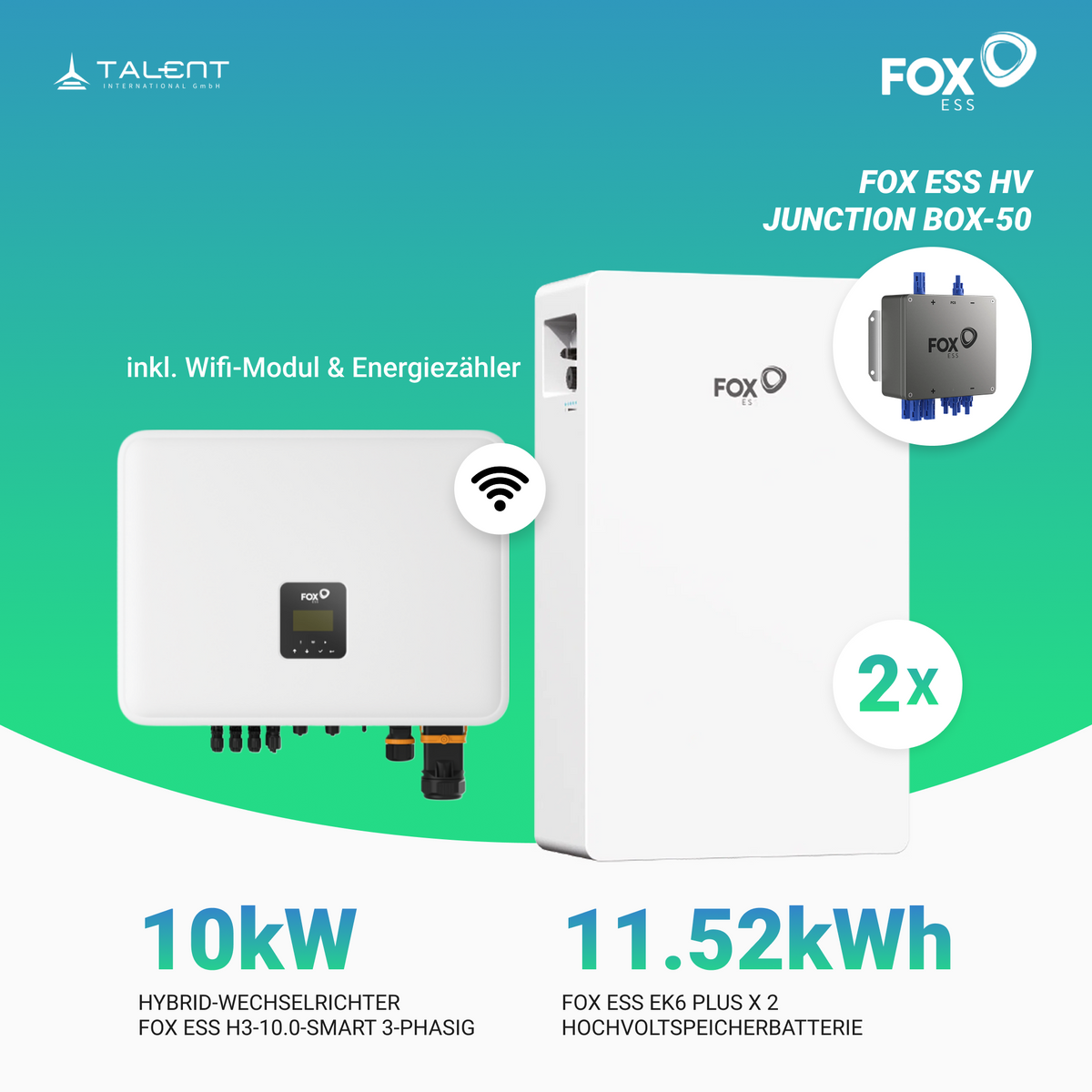 FOX ESS 10kW H3-10.0-Smart 3-phasig Hybridwechselrichter mit 2 x EK6 Plus Hochvoltspeicherbatterie 11,52 kWh
