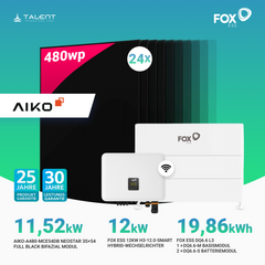PV Komplettset 12 kWp - 24 × 480W AIKO Full Black & Fox ESS H3-12.0-Smart 12 kW Hybridwechselrichter mit Fox ESS DQ6.6 L3 Hochvoltspeicher (19,86 kWh)