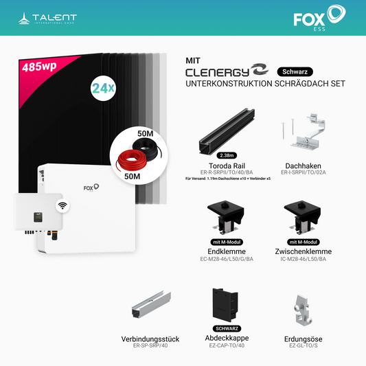 PV Komplettset 10,64 kWp - 24 × 485W Aiko Full Black & Fox ESS H3-12.0-Smart 12kW Hybridwechselrichter mit EK12 Hochvoltspeicherbatterie 11,52kWh