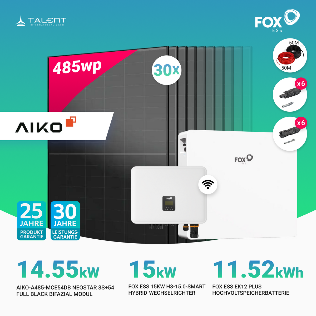 PV Komplettset 14.55 kWp - 30 × 485W Aiko Full Black & H3-15.0-Smart 15kW Hybridwechselrichter mit EK12 Hochvoltspeicherbatterie 11.52kWh