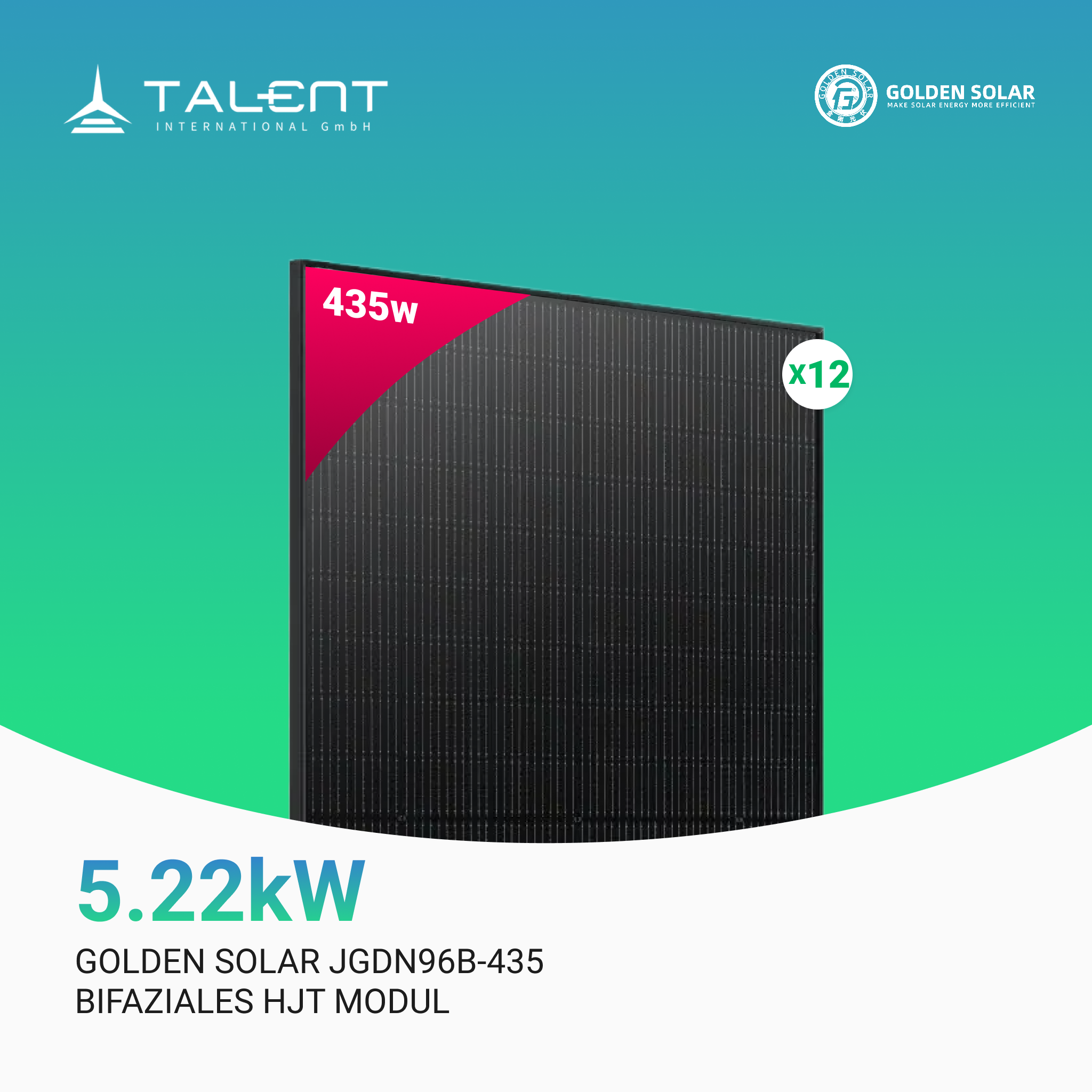 Golden Solar 435W JGDN96-435 HJT Bifacial Glas PV Modul Full Black