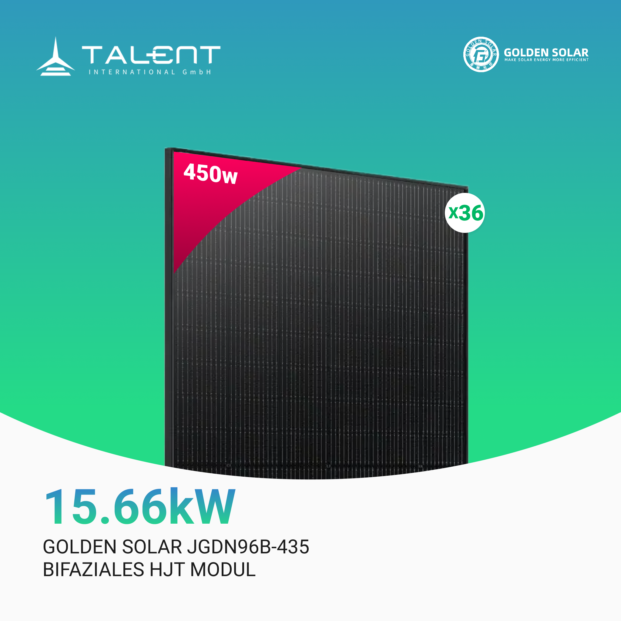 Golden Solar 435W JGDN96-435 HJT Bifacial Glas PV Modul Full Black