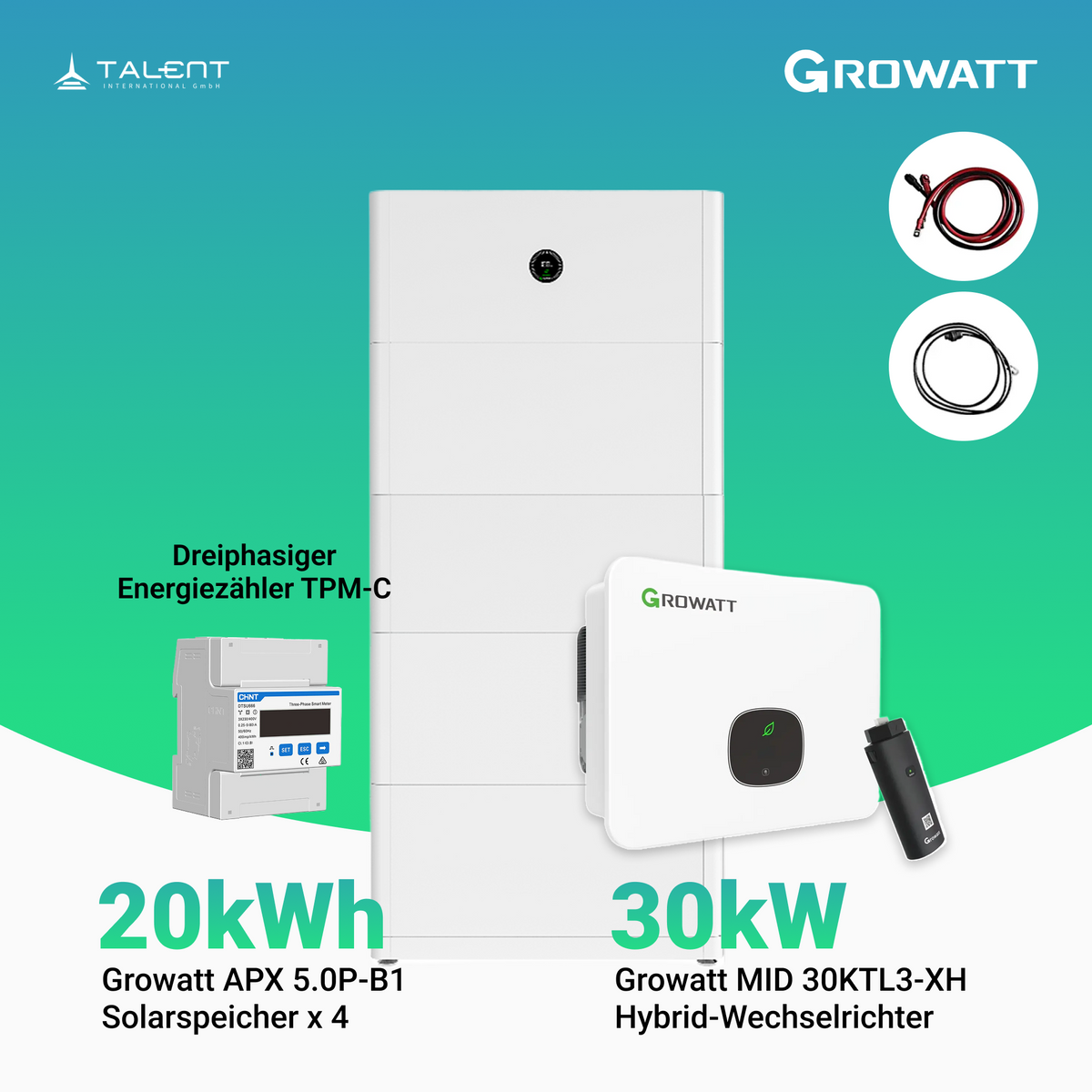 Growatt Komplettset - MID 30KTL3-XH 30kW Hybridwechselrichter 3-phasig & APX 20.0P Solarspeicher 20kWh (mit P2)
