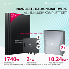 APsystems EZHI Balkonkraftwerk 2025 – Hybrid & Insel-System mit 5kWh / 10kWh Speicher + 1740W  (4×435W) Bifazial Full Black Golden Solar Modulen, AC2000W