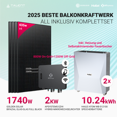 APsystems EZHI Balkonkraftwerk 2025 – Hybrid & Insel-System mit 5kWh / 10kWh Speicher + 1740W  (4×435W) Bifazial Full Black Golden Solar Modulen, AC2000W