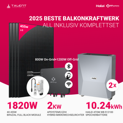 APsystems EZHI Balkonkraftwerk – Hybrid & Insel-System mit 5 kWh / 10kWh Speicher + 1820W (4 x 455W) Bifacial Glas-Glas Full Black Module, AC 2000W
