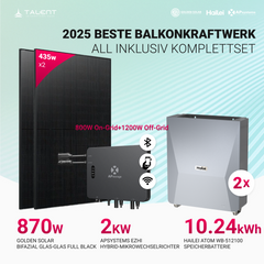 APsystems EZHI Balkonkraftwerk 2025 – Insel- & Hybrid-System mit 5kWh / 10kwh Speicher + 870W (2×435W) Bifazial Full Black Golden Solar Modulen, AC2000W