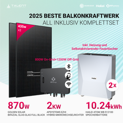 APsystems EZHI Balkonkraftwerk 2025 – Insel- & Hybrid-System mit 5kWh / 10kwh Speicher + 870W (2×435W) Bifazial Full Black Golden Solar Modulen, AC2000W