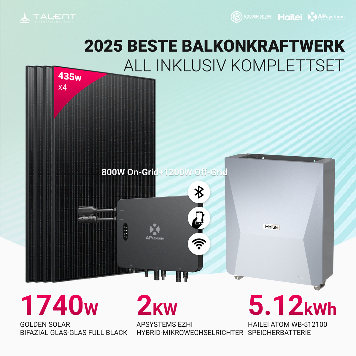 APsystems EZHI Balkonkraftwerk 2025: Insel- & Hybrid-System + 5 kWh Speicher, 4 x 435W Bifaziales Full Black Golden Solar Module, AC2000W