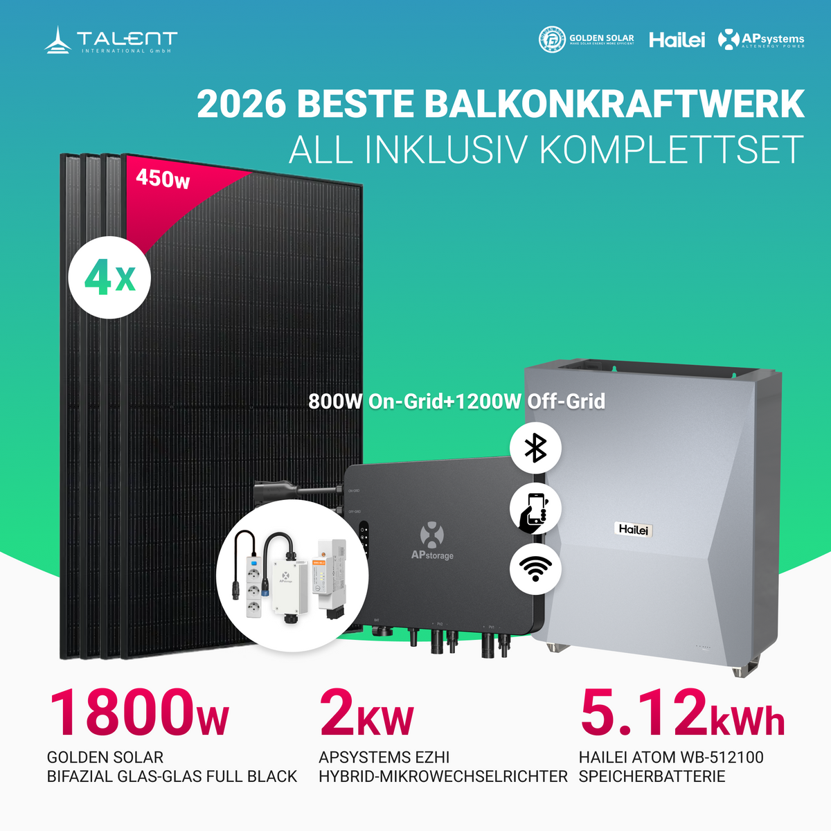 APsystems EZHI Balkonkraftwerk – Hybrid & Insel-System mit 5kWh / 10kWh Speicher + 1740W  (4×435W) Bifazial Full Black Golden Solar Modulen, AC2000W