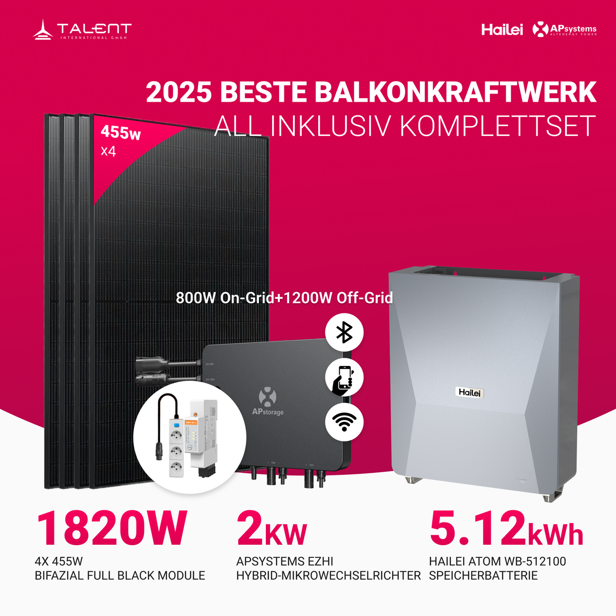 APsystems EZHI Balkonkraftwerk – Hybrid & Insel-System mit 5 kWh / 10kWh Speicher + 1820W (4 x 455W) Bifacial Glas-Glas Full Black Module, AC 2000W