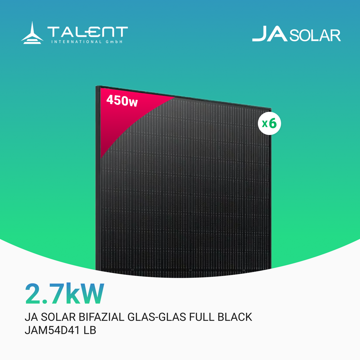 Ja Solar 450W JAM54D41 LB Bifacial Glas PV Modul Full Black