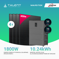 1800W Balkonkraftwerk mit Speicher - 4 × 450W Sunpro N-Typ Bifacial Modul & Marstek Jupiter C Plus mit integriertem Wechselrichter