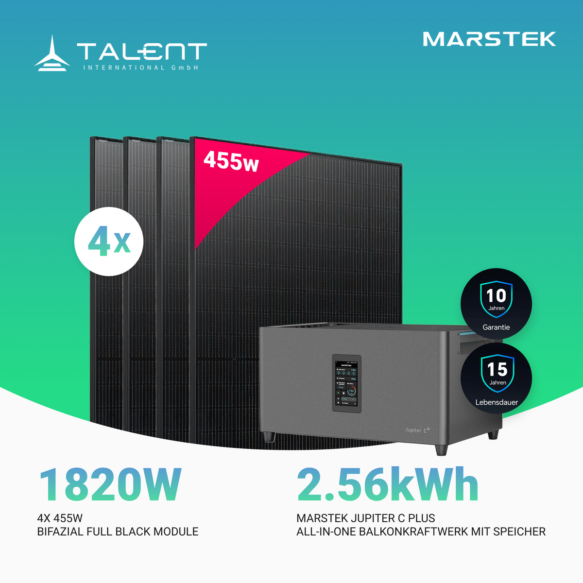 1820W Balkonkraftwerk mit Speicher - 4 × 455W Bifacial Full Black Glas-Glas Modul & Marstek Jupiter C Plus mit integriertem Wechselrichter