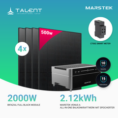 2000W Balkonkraftwerk mit Speicher - 4x 500W Bifazial Transparentes Glas-Glas Full Black Modul & Marstek Venus A