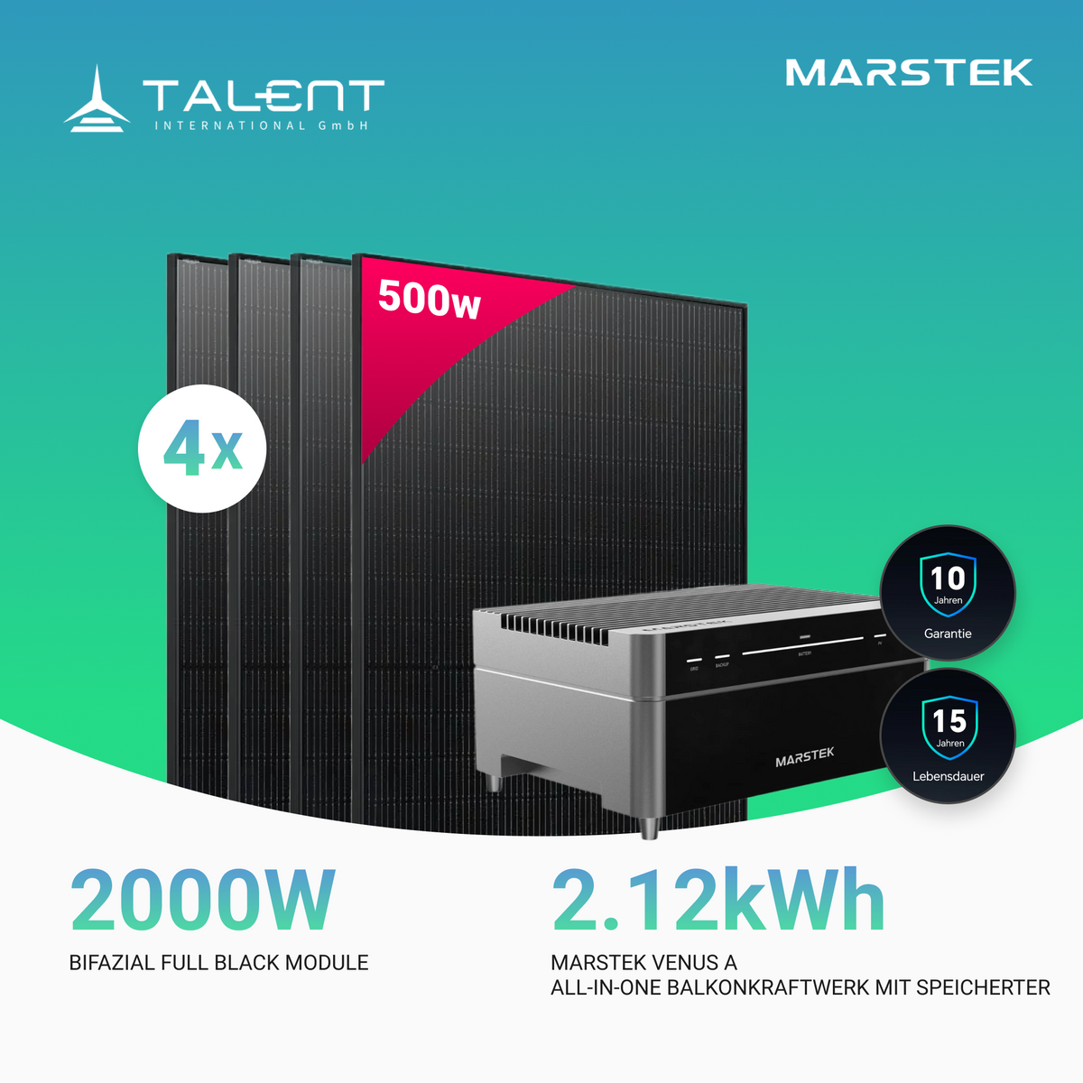 2000W Balkonkraftwerk mit Speicher - 4x 500W Bifazial Transparentes Glas-Glas Full Black Modul & Marstek Venus A