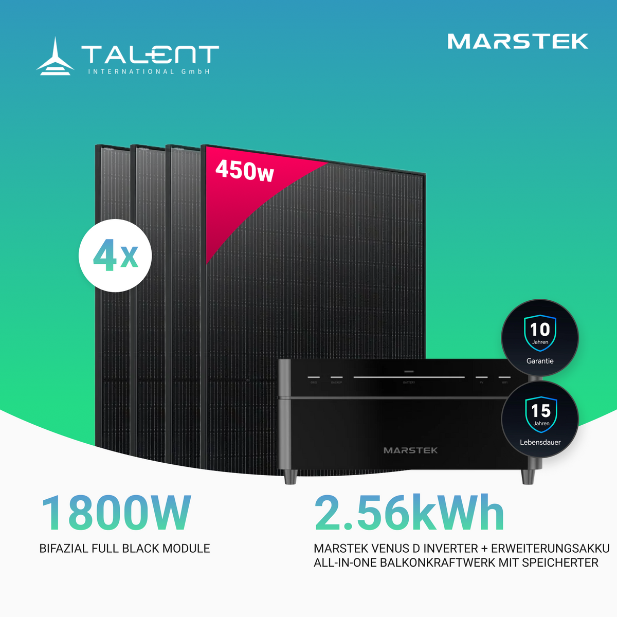 1800W Balkonkraftwerk mit Speicher - 4x 450W Full Black bifazial Glas-Glas Modul & Marstek Venus D