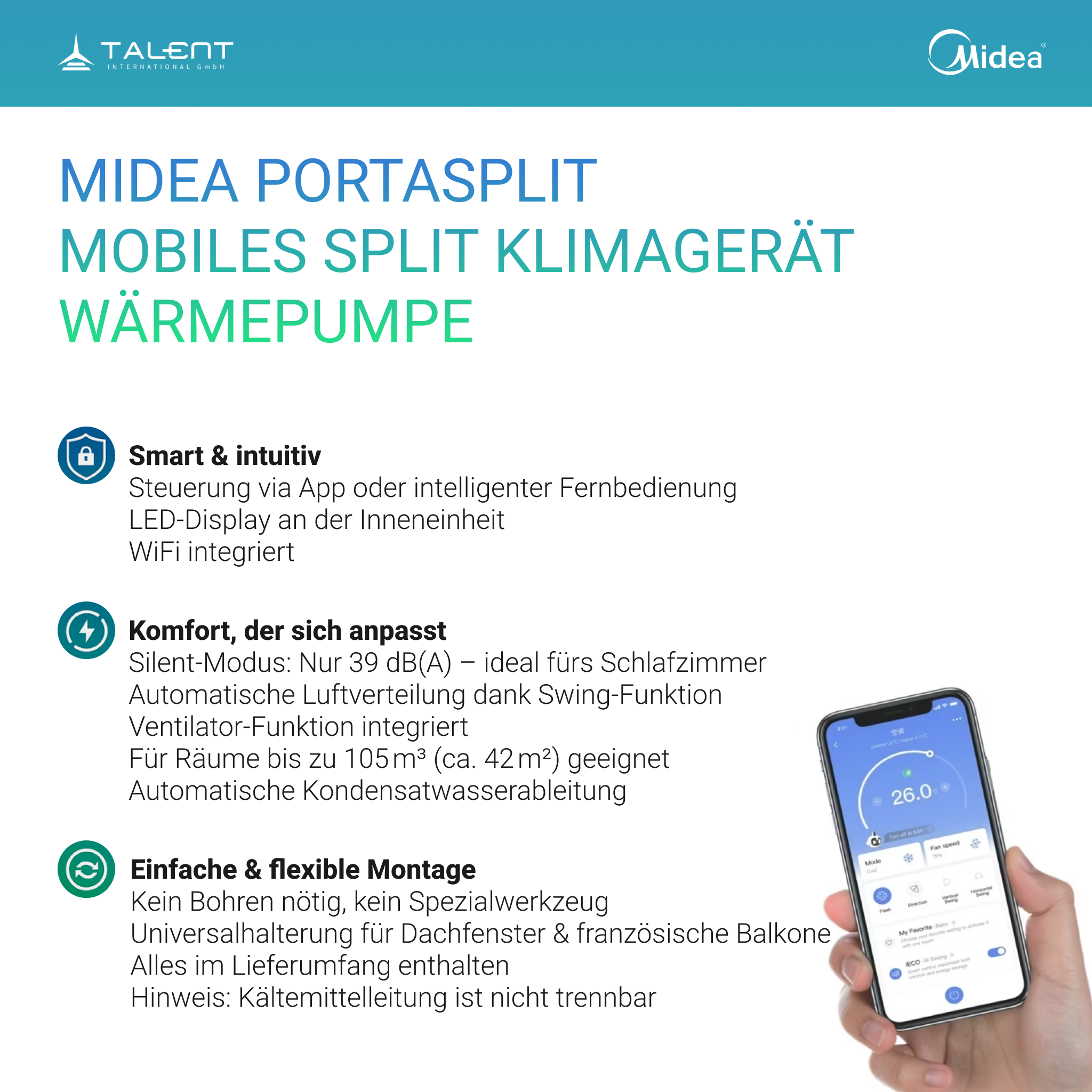 Midea PortaSplit mobiles Split Klimagerät Wärmepumpe 3,5 kW A++