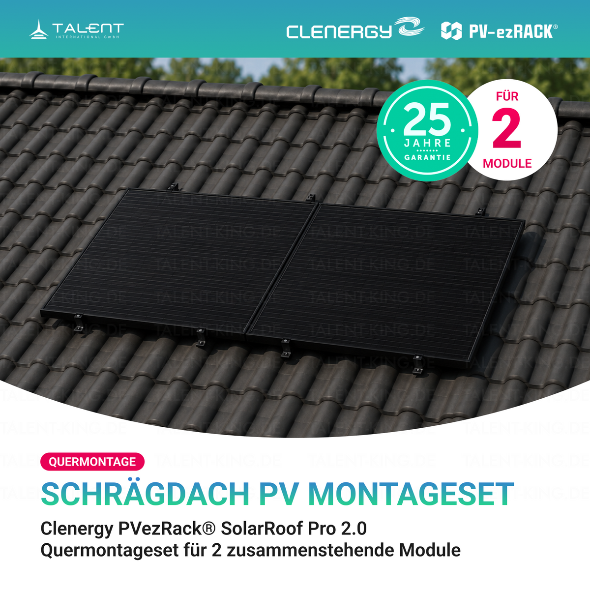 Clenergy PV-ezRack® SolarRoof Pro 2.0 Unterkonstruktion Schrägdach Quermontage Montageset für 2 zusammenstehende Module in Schwarz ( neue ver. 2026 )