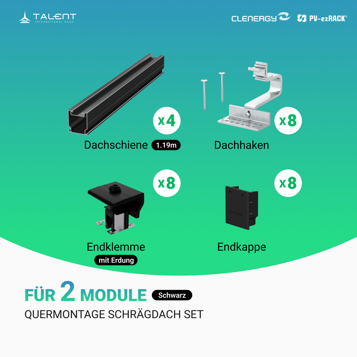 Clenergy PV-ezRack SolarRoof Pro 2.0 Unterkonstruktion Quermontage Schrägdach Set für 2 Module in Schwarz oder Silber