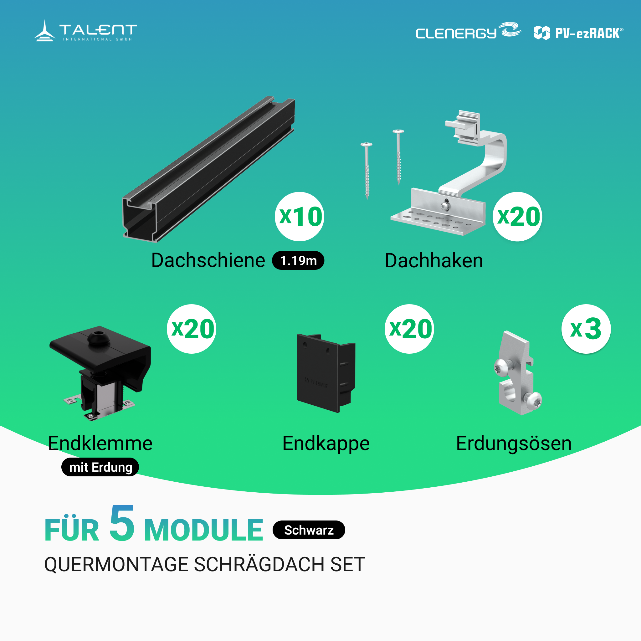 Clenergy PV-ezRack SolarRoof Pro 2.0 Unterkonstruktion Quermontage Schrägdach Set für 5 Module in Schwarz oder Silber