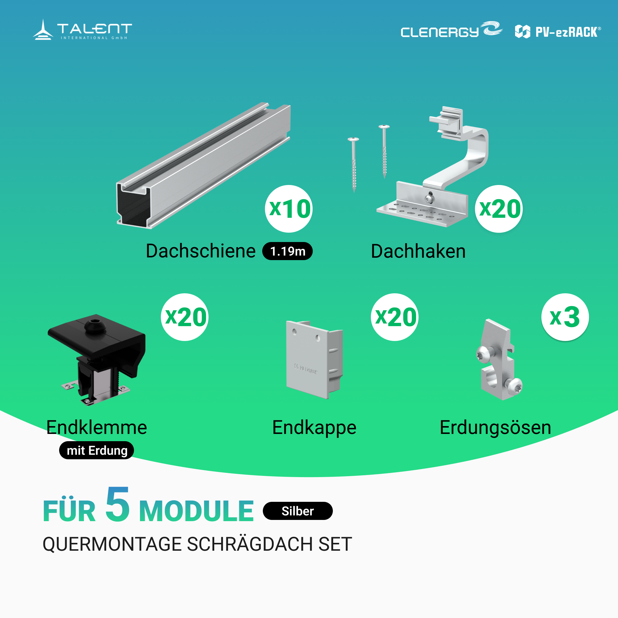 Clenergy PV-ezRack SolarRoof Pro 2.0 Unterkonstruktion Quermontage Schrägdach Set für 5 Module in Schwarz oder Silber