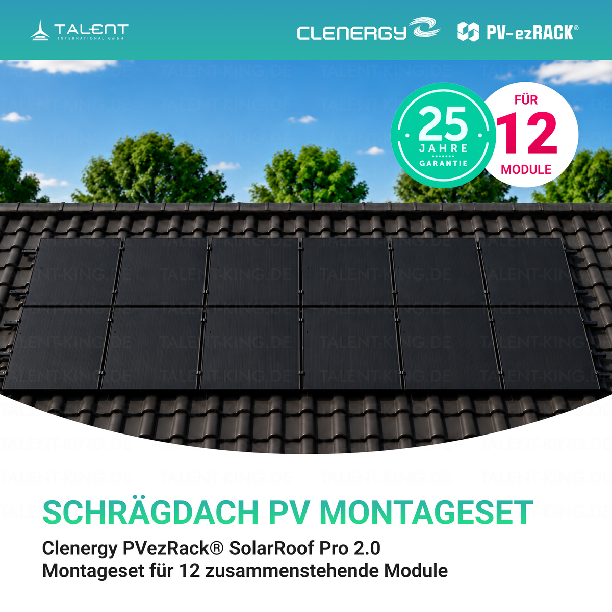 Clenergy PV-ezRack® SolarRoof Pro 2.0 Unterkonstruktion Schrägdach Set für 12 zusammenstehende Module in Schwarz ( neue ver. 2026 )